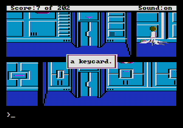 Space Quest: Chapter I - The Sarien Encounter Apple II Screenshot: I found...a keycard!