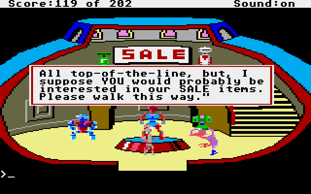 Space Quest: Chapter I - The Sarien Encounter Atari ST Screenshot: Hmm, I may need a sale item...