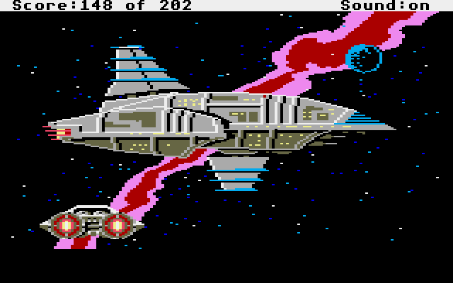 Space Quest: Chapter I - The Sarien Encounter Atari ST Screenshot: Uh oh, it's the Deltaur, a Sarien ship!