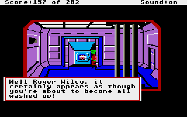 Space Quest: Chapter I - The Sarien Encounter Atari ST Screenshot: Maybe hiding in the laundry wasn't the best idea?