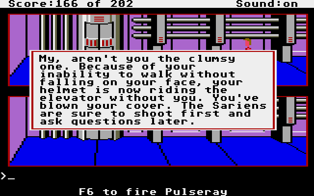Space Quest: Chapter I - The Sarien Encounter Atari ST Screenshot: Uh oh, my cover is blown!
