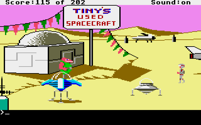Space Quest: Chapter I - The Sarien Encounter Atari ST Screenshot: Ah, I could use a used spacecraft about now!
