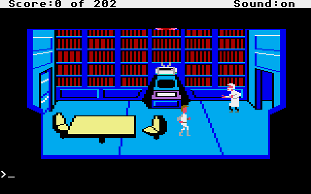 Space Quest: Chapter I - The Sarien Encounter Atari ST Screenshot: An injured scientist enters the room...