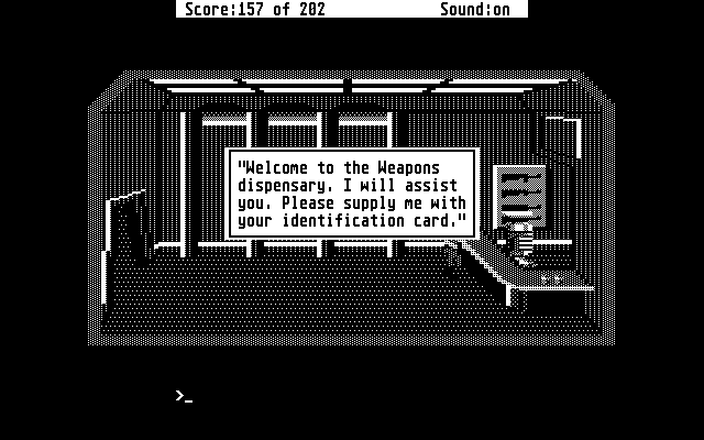 Space Quest: Chapter I - The Sarien Encounter Atari ST Screenshot: Acquiring some weapons with a stolen id card.