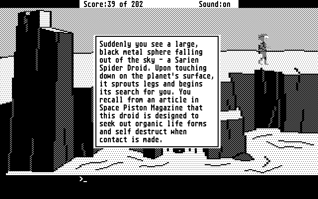 Space Quest: Chapter I - The Sarien Encounter Atari ST Screenshot: Now a Sarien Spider Droid is after me!