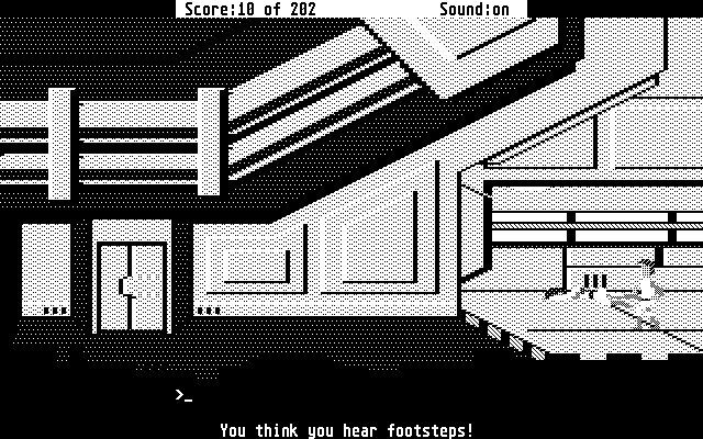 Space Quest: Chapter I - The Sarien Encounter Atari ST Screenshot: I hear footsteps, the Sariens are approaching!