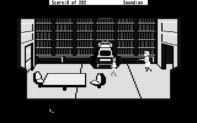 Space Quest: Chapter I - The Sarien Encounter Atari ST Screenshot: An injured scientist stumbles into the room...