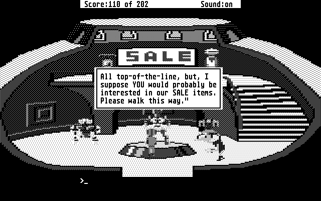 Space Quest: Chapter I - The Sarien Encounter Atari ST Screenshot: I'll be purchasing one of the sale items...