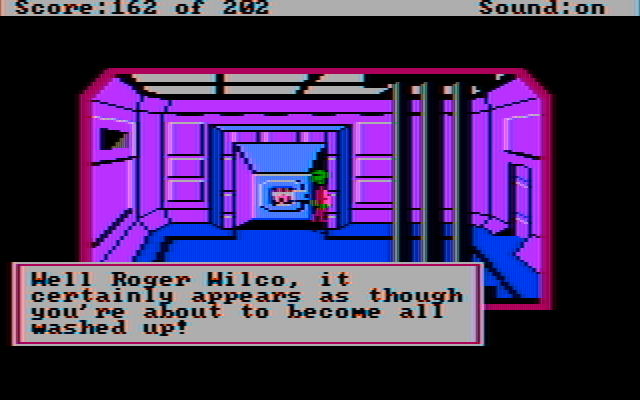 Space Quest: Chapter I - The Sarien Encounter IBM PC/Compatibles Screenshot: Hiding in the laundry.