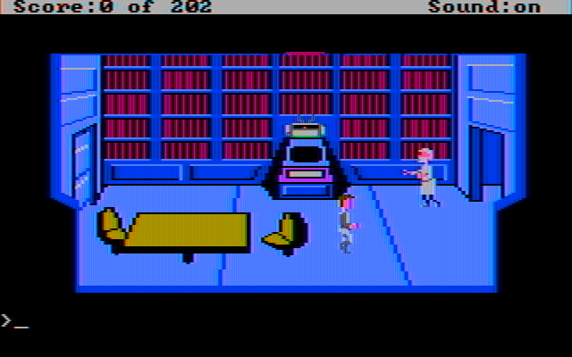 Space Quest: Chapter I - The Sarien Encounter IBM PC/Compatibles Screenshot: An injured scientist enters the room...