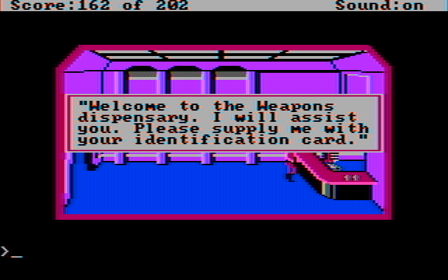 Space Quest: Chapter I - The Sarien Encounter IBM PC/Compatibles Screenshot: Trying to acquire some weapons.