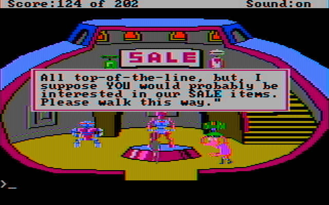 Space Quest: Chapter I - The Sarien Encounter IBM PC/Compatibles Screenshot: Looking for a droid to navigate my new ship.
