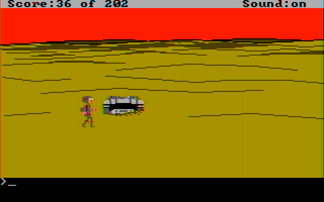 Space Quest: Chapter I - The Sarien Encounter IBM PC/Compatibles Screenshot: Crash landed on a desert planet.
