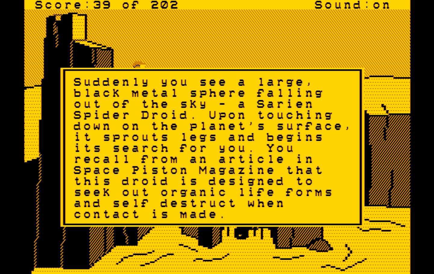 Space Quest: Chapter I - The Sarien Encounter IBM PC/Compatibles Screenshot: Uh oh, it's a Sarien Spider Droid!