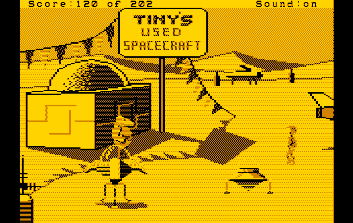 Space Quest: Chapter I - The Sarien Encounter IBM PC/Compatibles Screenshot: Hmm, a used spacecraft could come in handy!