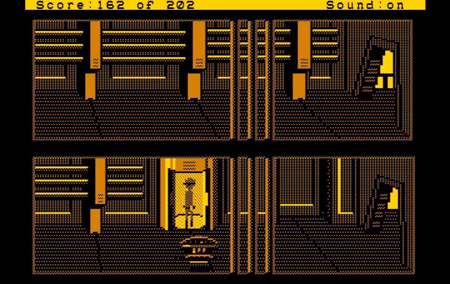 Space Quest: Chapter I - The Sarien Encounter IBM PC/Compatibles Screenshot: There are robots and guards in the hallways; good thing I have a disguise!