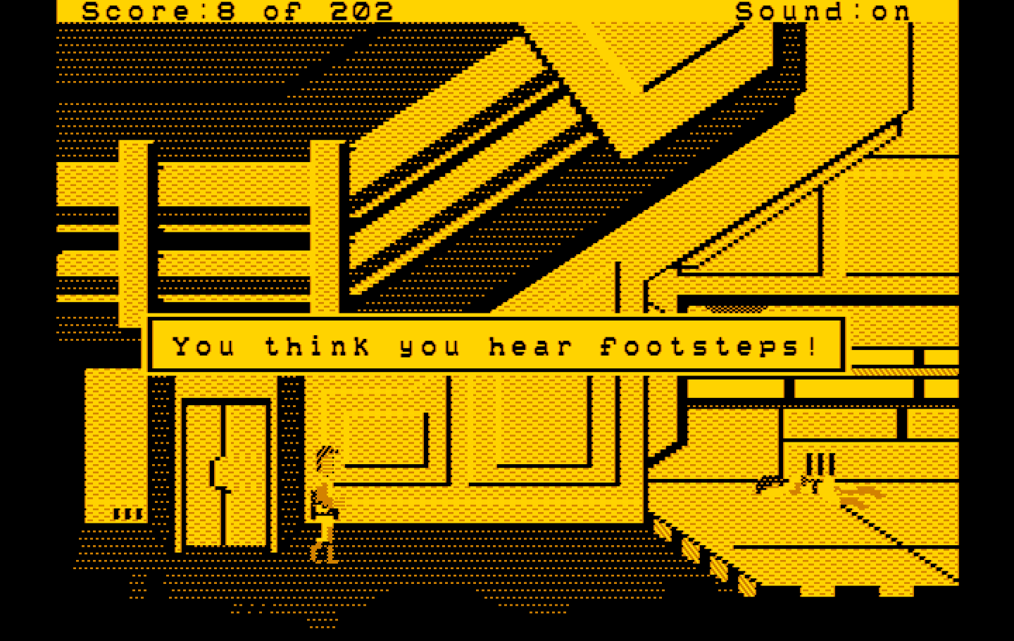 Space Quest: Chapter I - The Sarien Encounter IBM PC/Compatibles Screenshot: You think you hear footsteps...be careful!