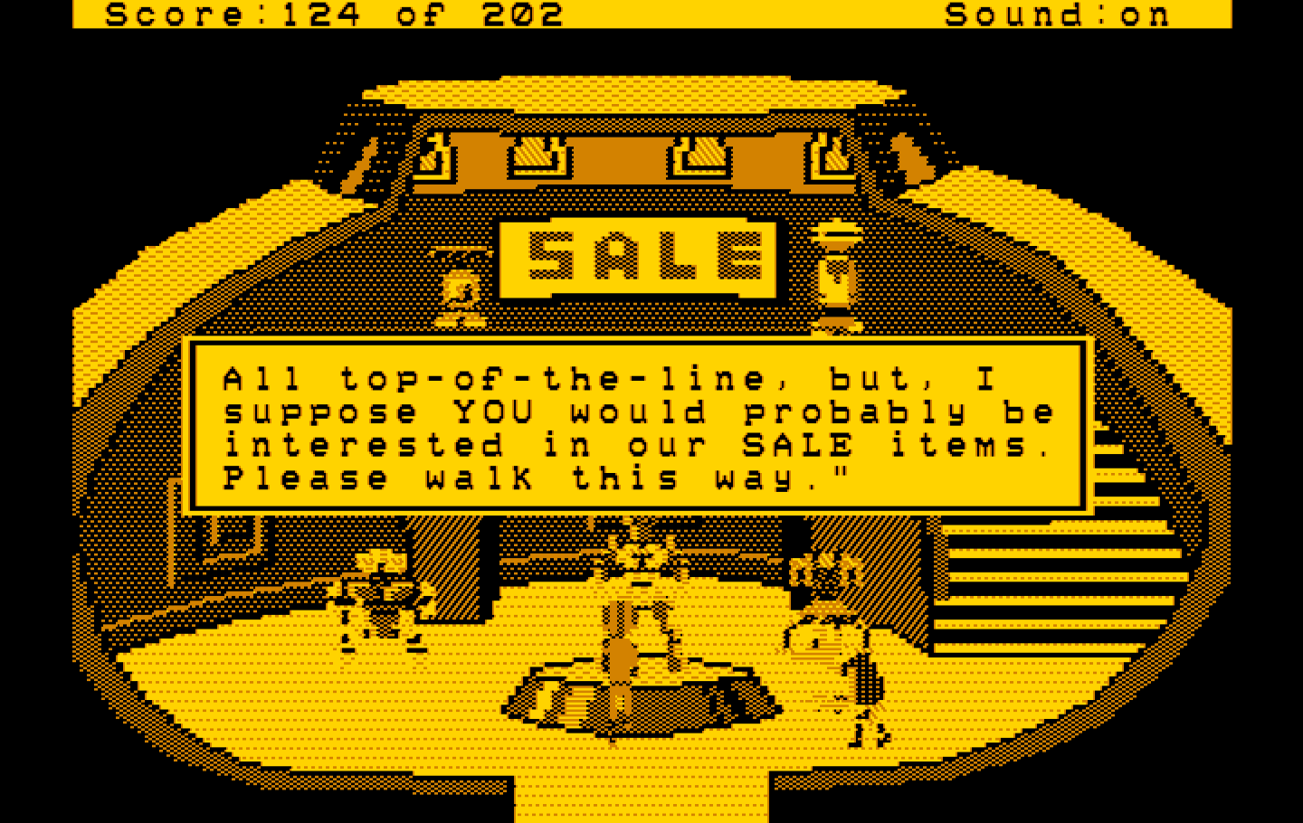 Space Quest: Chapter I - The Sarien Encounter IBM PC/Compatibles Screenshot: I only have enough money for a sale item...