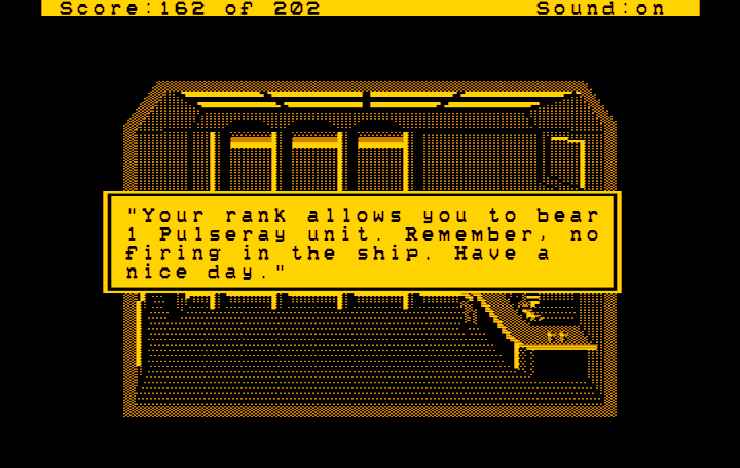 Space Quest: Chapter I - The Sarien Encounter IBM PC/Compatibles Screenshot: I sneakily acquired some weapons.