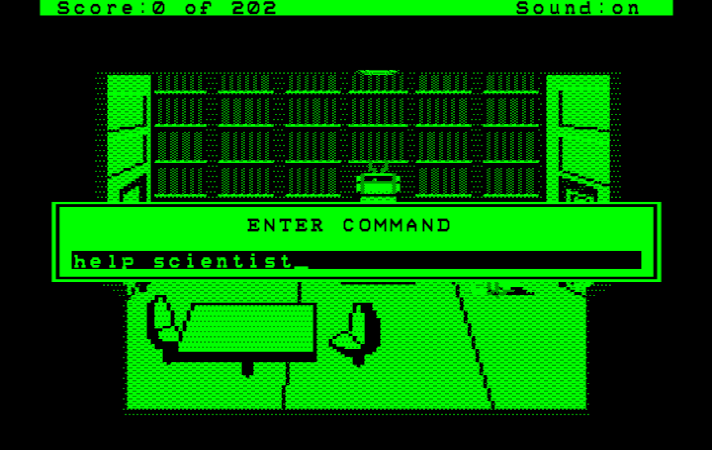 Space Quest: Chapter I - The Sarien Encounter IBM PC/Compatibles Screenshot: In the Hercules Monochrome version the game pauses when you type similar to Sierra's SCI games.