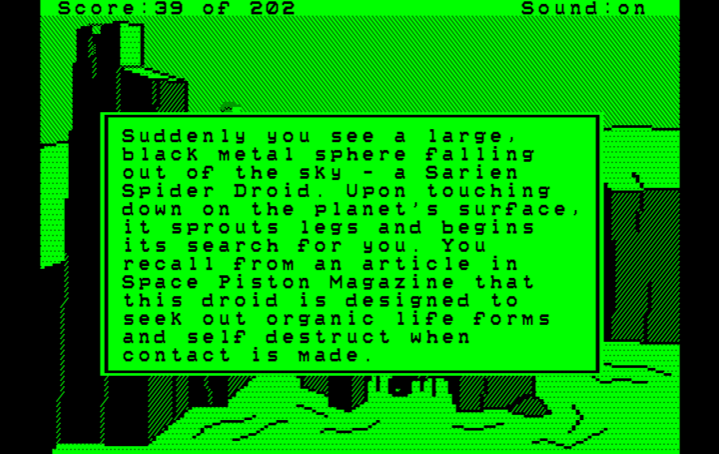 Space Quest: Chapter I - The Sarien Encounter IBM PC/Compatibles Screenshot: Uh oh, it's a Sarien Spider Droid!