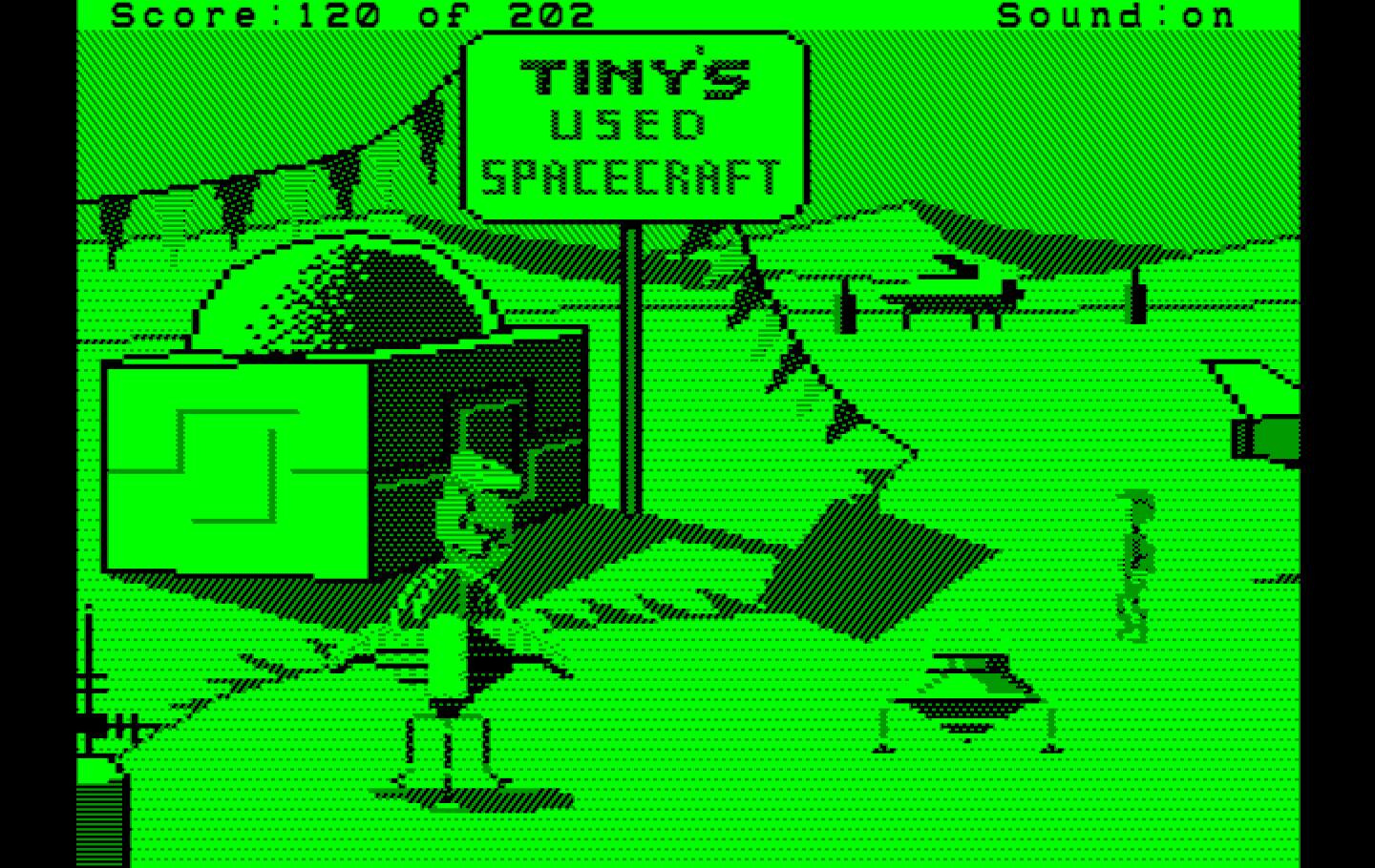 Space Quest: Chapter I - The Sarien Encounter IBM PC/Compatibles Screenshot: Hmm, a used spacecraft could come in handy!