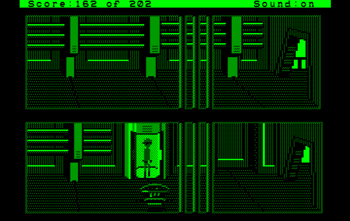 Space Quest: Chapter I - The Sarien Encounter IBM PC/Compatibles Screenshot: There are robots and guards in the hallways; good thing I have a disguise!