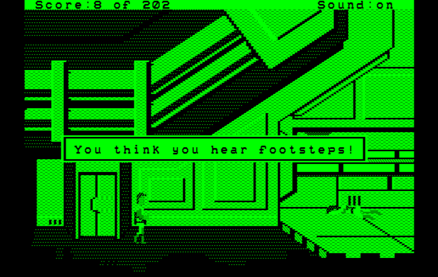 Space Quest: Chapter I - The Sarien Encounter IBM PC/Compatibles Screenshot: You think you hear footsteps...be careful!