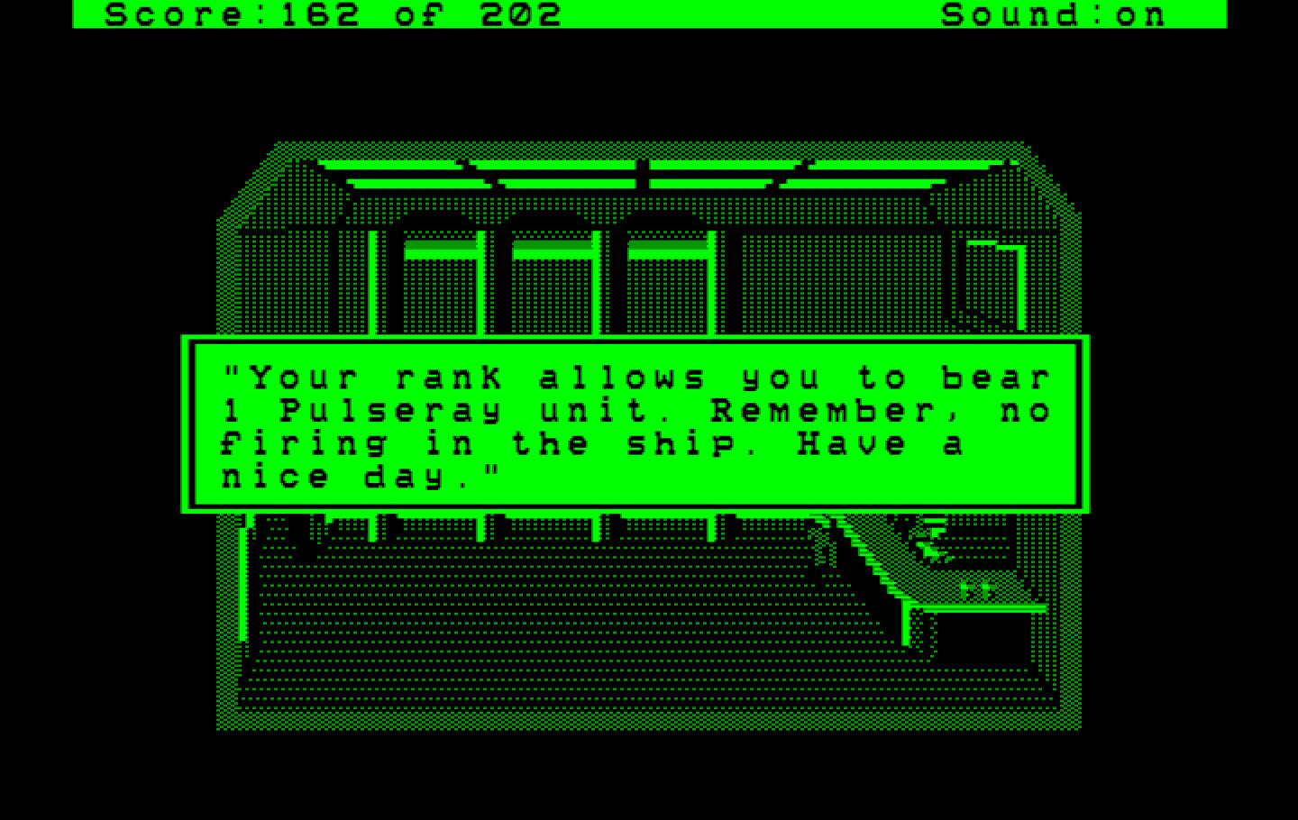 Space Quest: Chapter I - The Sarien Encounter IBM PC/Compatibles Screenshot: I sneakily acquired some weapons.