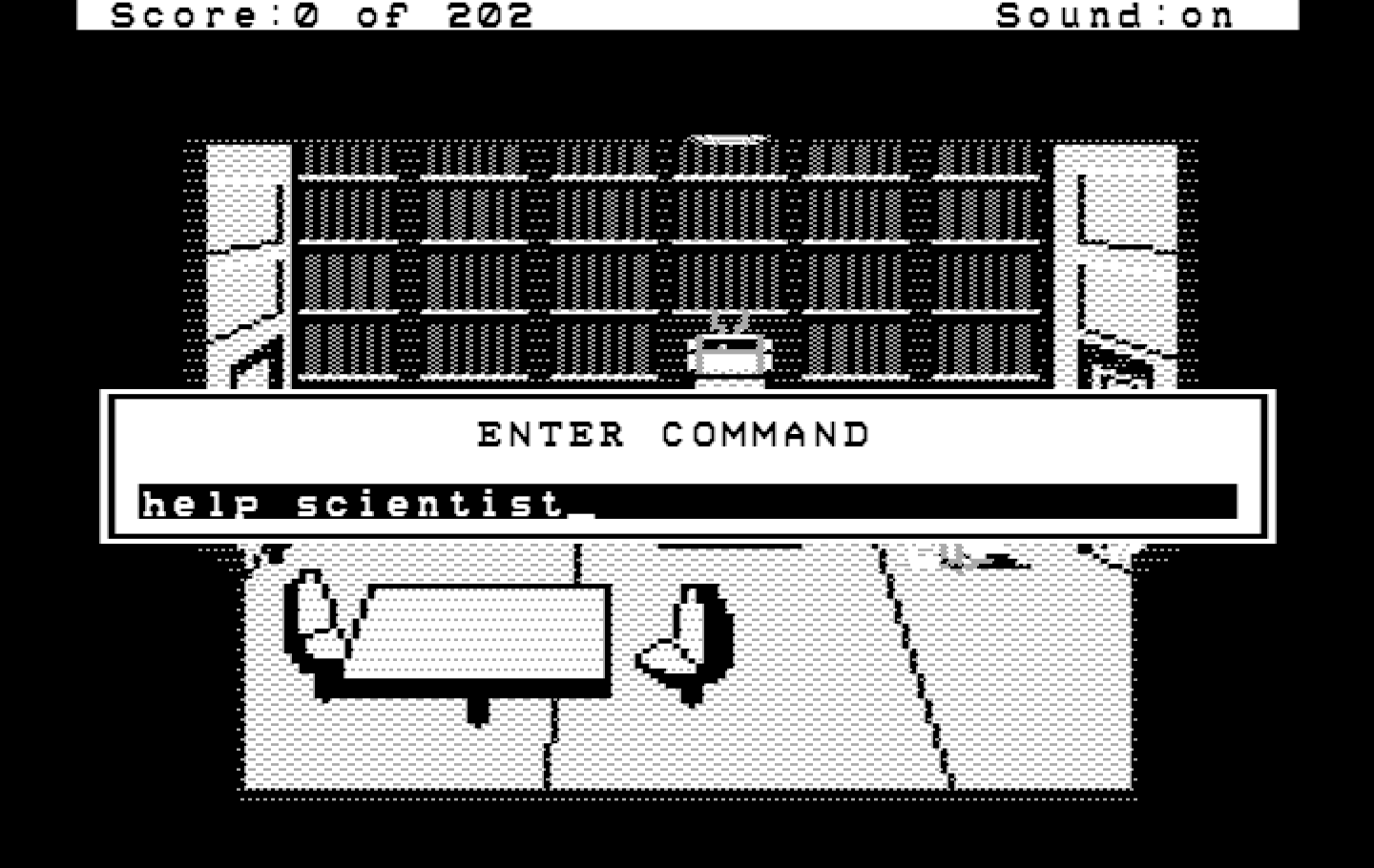 Space Quest: Chapter I - The Sarien Encounter IBM PC/Compatibles Screenshot: In the Hercules Monochrome version the game pauses when you type similar to Sierra's SCI games.