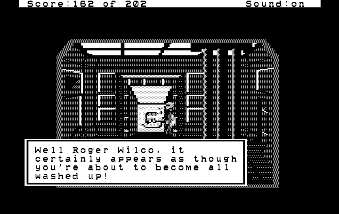 Space Quest: Chapter I - The Sarien Encounter IBM PC/Compatibles Screenshot: Hiding in the laundry.