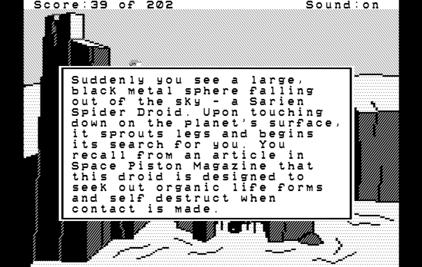Space Quest: Chapter I - The Sarien Encounter IBM PC/Compatibles Screenshot: Uh oh, it's a Sarien Spider Droid!