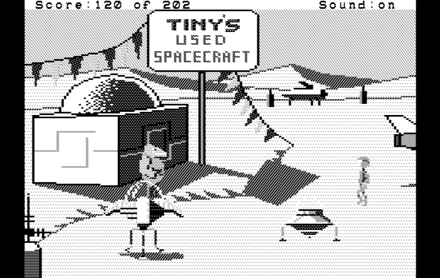 Space Quest: Chapter I - The Sarien Encounter IBM PC/Compatibles Screenshot: Hmm, a used spacecraft could come in handy!