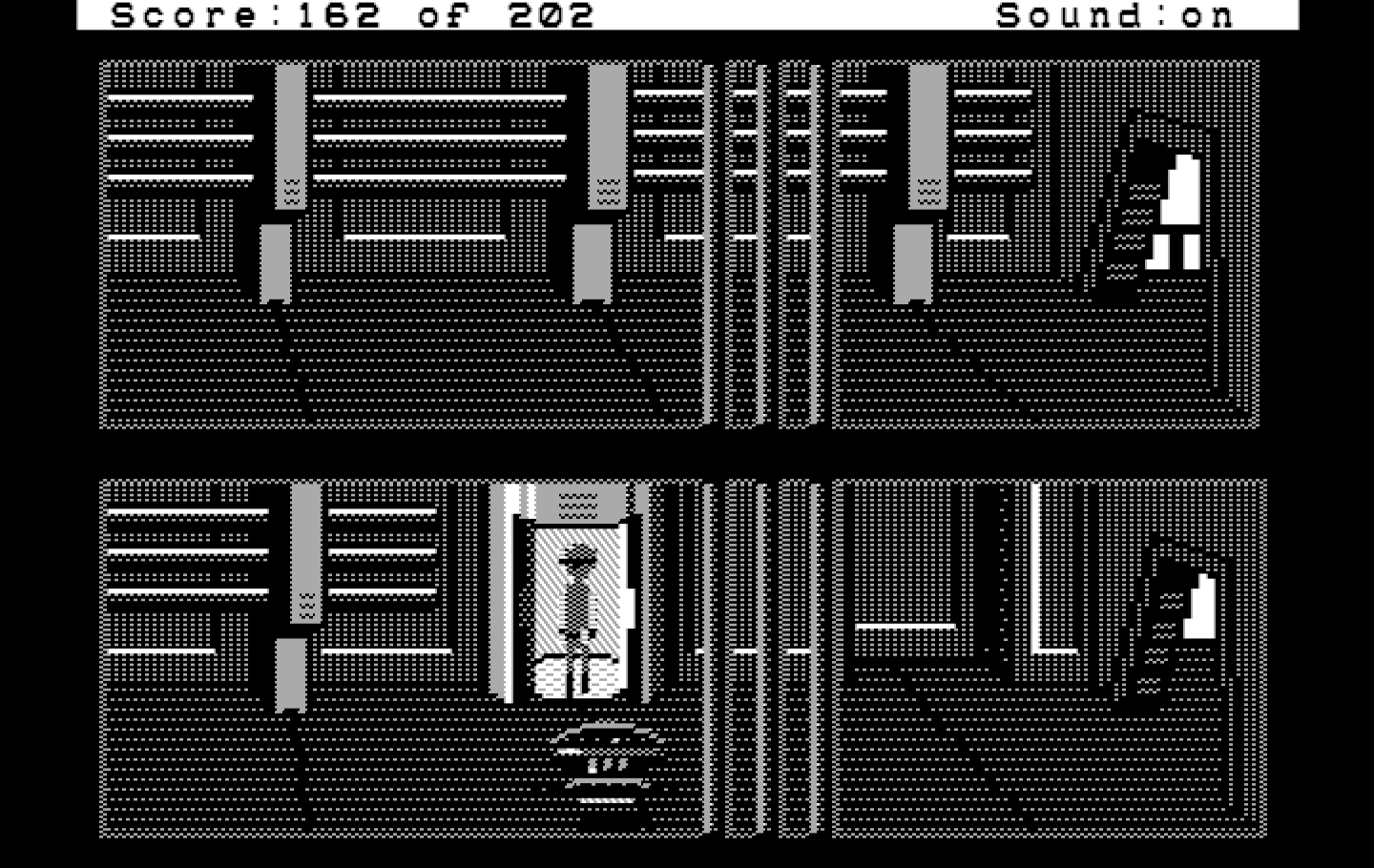 Space Quest: Chapter I - The Sarien Encounter IBM PC/Compatibles Screenshot: There are robots and guards in the hallways; good thing I have a disguise!