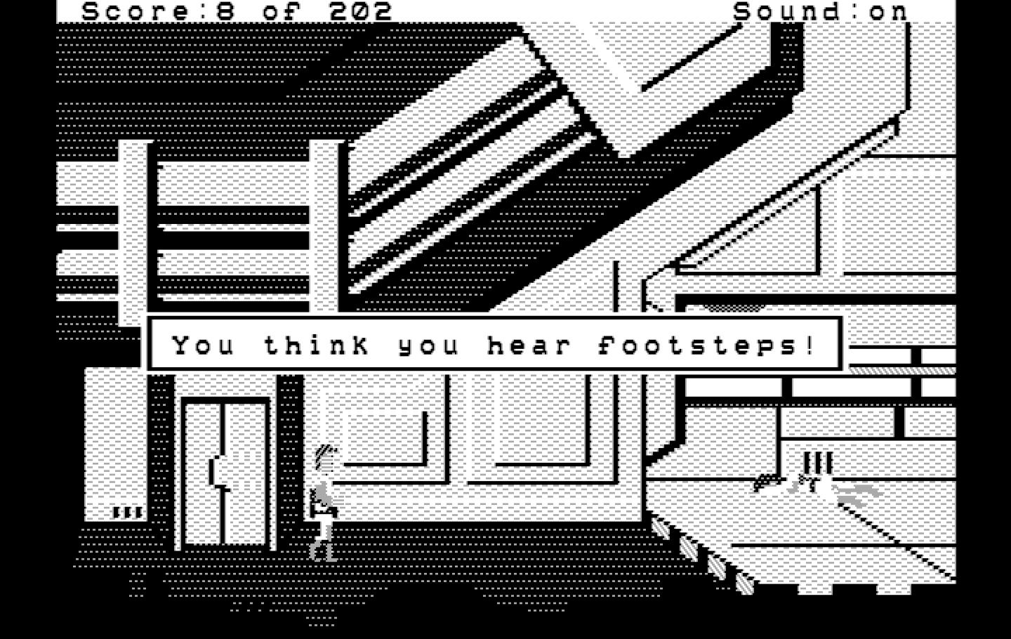 Space Quest: Chapter I - The Sarien Encounter IBM PC/Compatibles Screenshot: You think you hear footsteps...be careful!