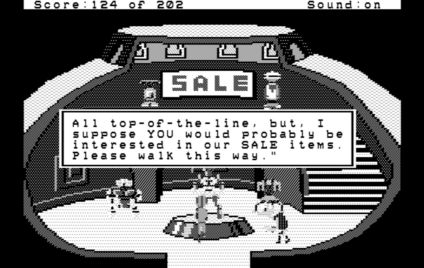 Space Quest: Chapter I - The Sarien Encounter IBM PC/Compatibles Screenshot: I only have enough money for a sale item...