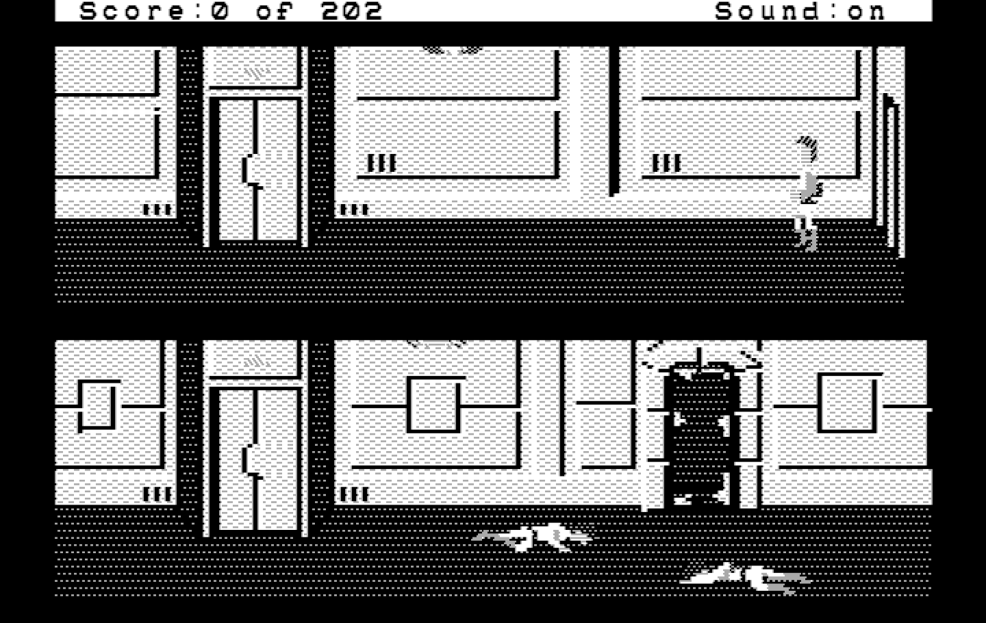 Space Quest: Chapter I - The Sarien Encounter IBM PC/Compatibles Screenshot: Exploring Arcada...numerous passengers are already dead.