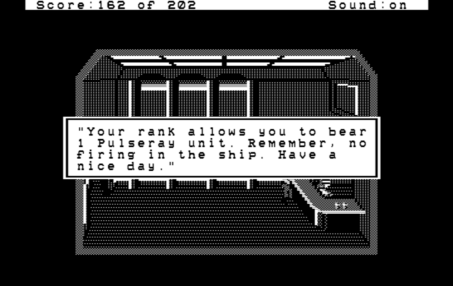 Space Quest: Chapter I - The Sarien Encounter IBM PC/Compatibles Screenshot: I sneakily acquired some weapons.