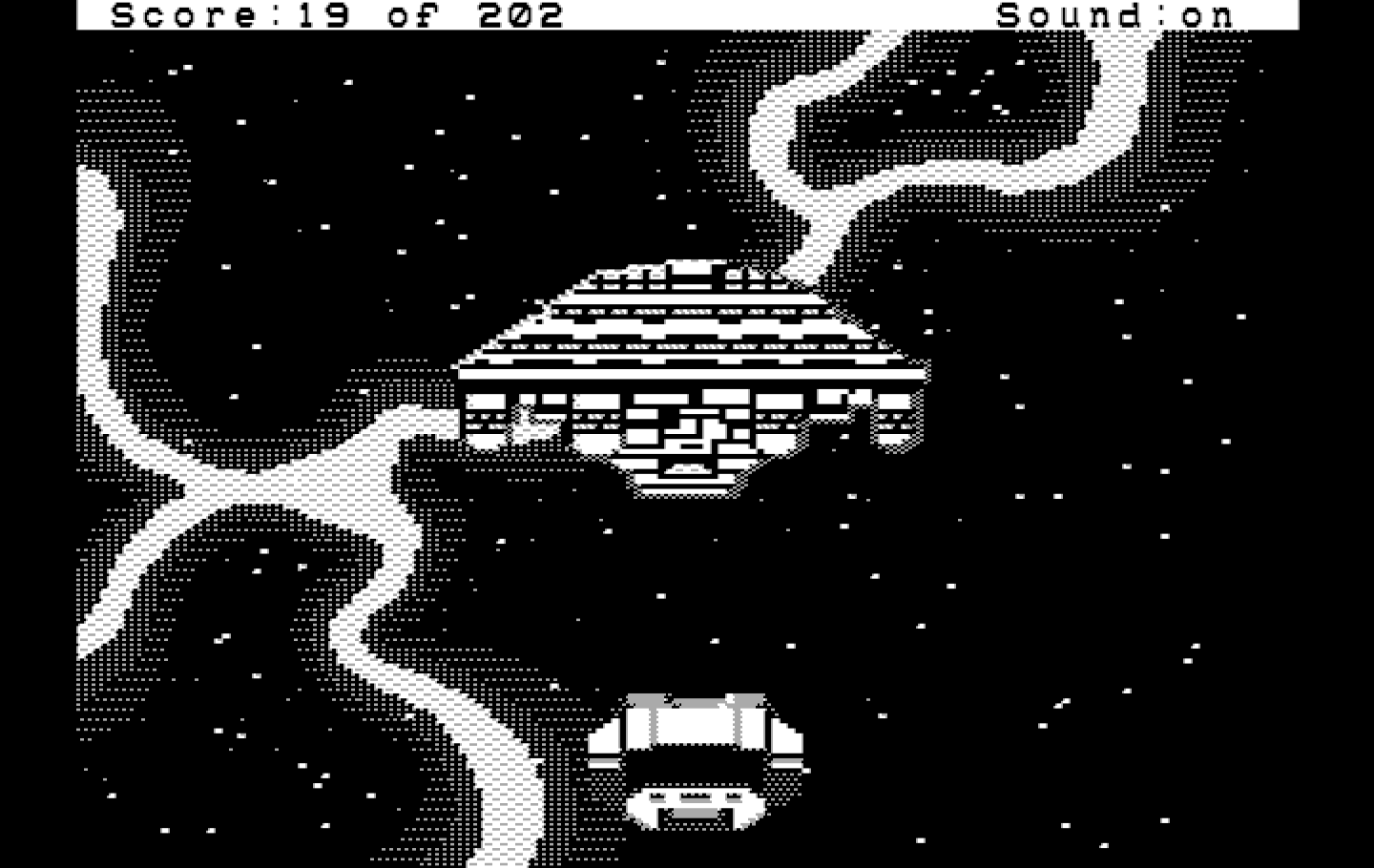 Space Quest: Chapter I - The Sarien Encounter IBM PC/Compatibles Screenshot: Escaping the Arcada just in time.