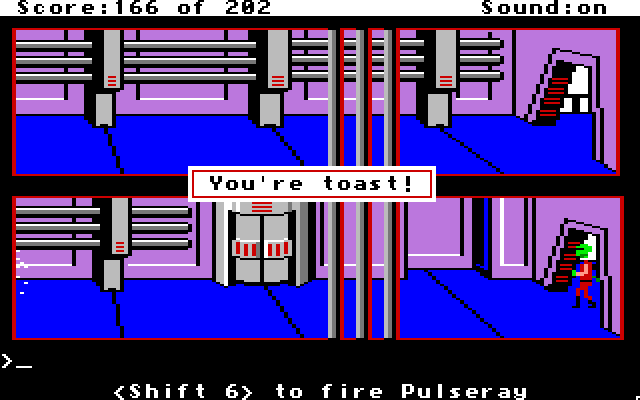 Space Quest: Chapter I - The Sarien Encounter Apple IIgs Screenshot: With my cover blown, a Sarien shot me.