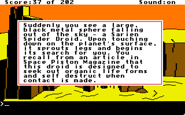 Space Quest: Chapter I - The Sarien Encounter Apple IIgs Screenshot: Be careful, it's a spider droid!