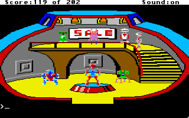 Space Quest: Chapter I - The Sarien Encounter Apple IIgs Screenshot: Let's take a look at the droids that are on sale...