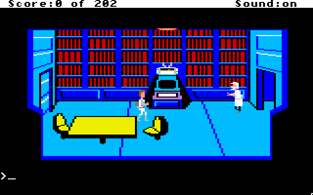 Space Quest: Chapter I - The Sarien Encounter Apple IIgs Screenshot: An injured scientist stumbles into the room...