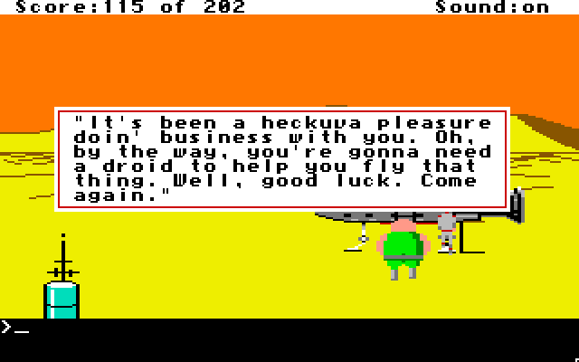 Space Quest: Chapter I - The Sarien Encounter Apple IIgs Screenshot: Looks like I'll need a droid to pilot my new ship.
