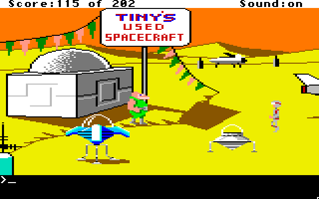 Space Quest: Chapter I - The Sarien Encounter Apple IIgs Screenshot: A used spacecraft could help out...r