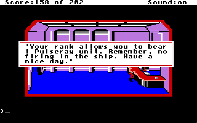 Space Quest: Chapter I - The Sarien Encounter Apple IIgs Screenshot: Remember, don't fire your weapon in the ship!