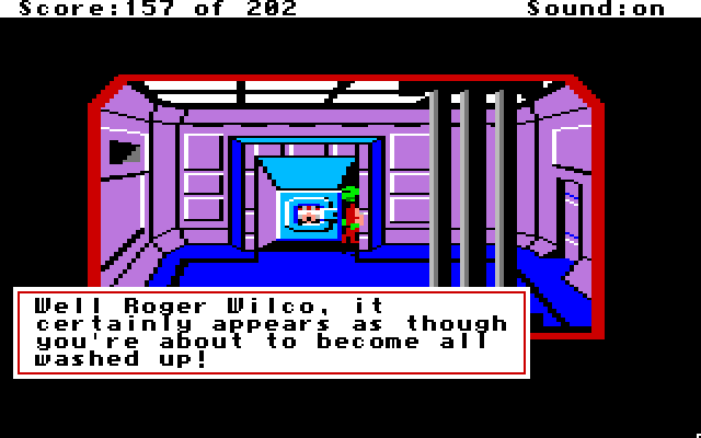 Space Quest: Chapter I - The Sarien Encounter Apple IIgs Screenshot: Hiding in the laundry...