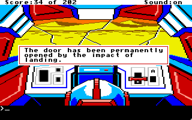 Space Quest: Chapter I - The Sarien Encounter Apple IIgs Screenshot: No need to open the door after this landing...