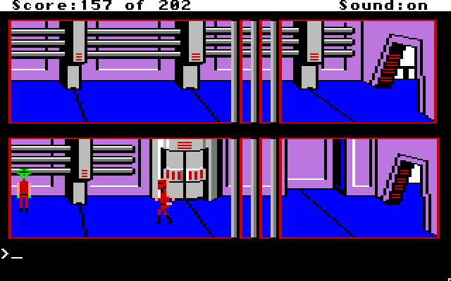 Space Quest: Chapter I - The Sarien Encounter Apple IIgs Screenshot: Be careful, guards and enemy robots are everywhere.