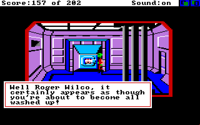 Space Quest: Chapter I - The Sarien Encounter Amiga Screenshot: Hiding in the laundry.
